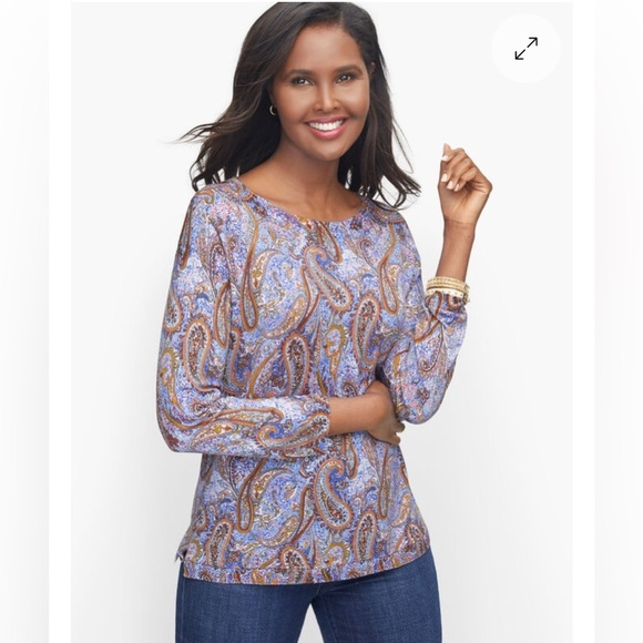 TALBOTS SPRINKLE PAISLEY CREWNECK TOP SIZE L 95% Cotton - Picture 1 of 4